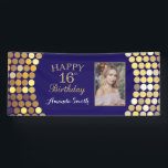 Happy 16th Birthday Banner. Navy Blue Gold Photo 横断幕<br><div class="desc">Happy 16th Birthday Banner for women or man. Navy Blue and Black and Gold Birthday Party Banner. Gold Glitter Confetti. Black and White Stripes. Printable Digital. For further customization,  please click the "Customize it" button and use our design tool to modify this template.</div>