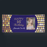 Happy 16th Birthday Banner. Navy Blue Gold Photo 横断幕<br><div class="desc">Happy 16th Birthday Banner for women or man. Navy Blue and Black and Gold Birthday Party Banner. Gold Glitter Confetti. Black and White Stripes. Printable Digital. For further customization,  please click the "Customize it" button and use our design tool to modify this template.</div>
