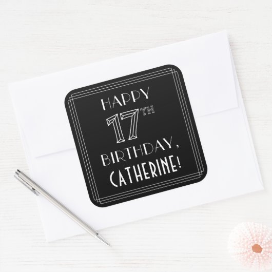 HAPPY 17th誕生日;アールデコスタイル;名前をカスタムする スクエアシール (封筒)