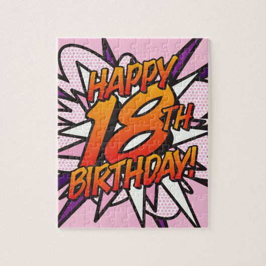HAPPY 18TH BIRTHDAY ピンクの楽しいレトロ漫画 ジグソーパズル (縦)