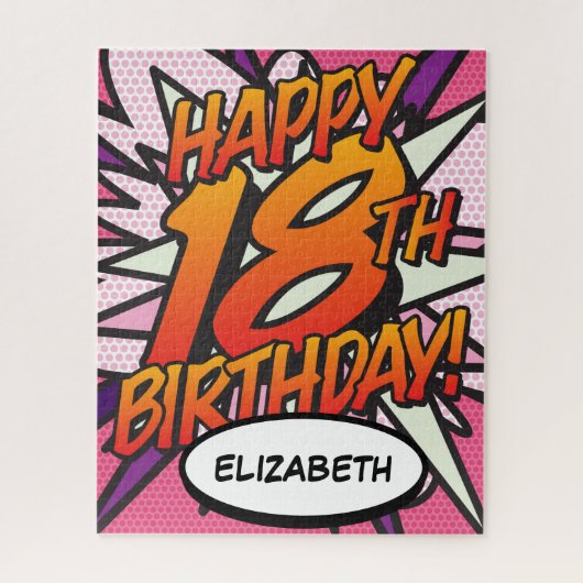 HAPPY 18TH BIRTHDAY 楽しいレトロ漫画のピンク ジグソーパズル (縦)
