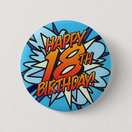 HAPPY 18TH BIRTHDAY 楽しいレトロ漫画 缶バッジ (正面)