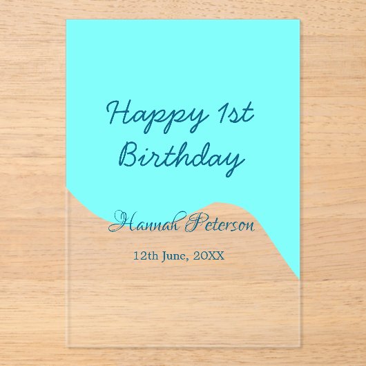 Happy 1st birthday blue wavy retro boho name date アクリル招待状 (正面)