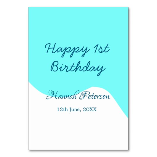 Happy 1st birthday blue wavy retro boho name date テーブルナンバー (正面)