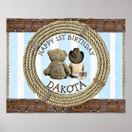Happy 1st Birthday CowboyとTeddy Bear Boy's ポスター