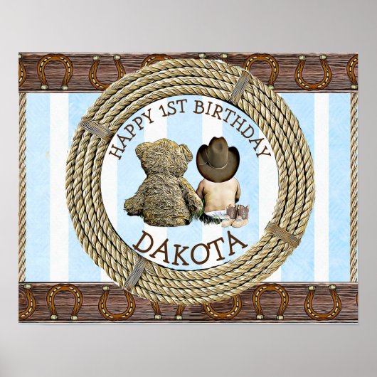 Happy 1st Birthday CowboyとTeddy Bear Boy's ポスター (正面)