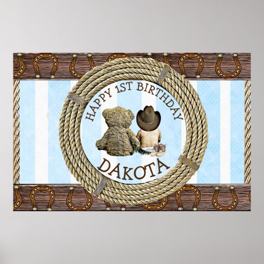 Happy 1st Birthday CowboyとTeddy Bear Boy's ポスター (正面)