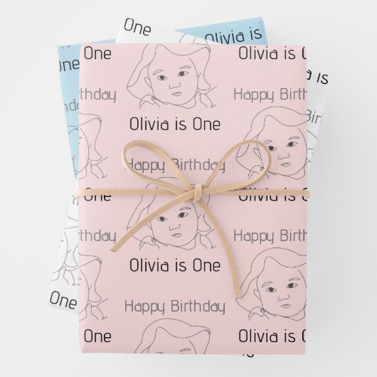 Happy 1st Birthday Custom Baby Face Portrait ラッピングペーパーシート (インサイチュ)