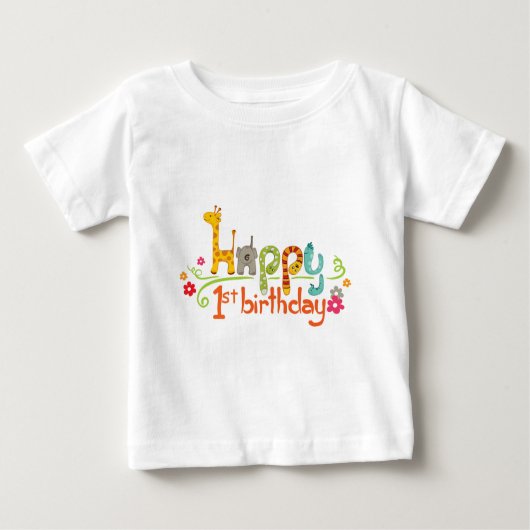 Happy 1st Birthday – Cute Animal Theme Celebration ベビーTシャツ (正面)