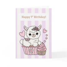 Happy 1st Birthday Cute Llama Girl Card | Adorable