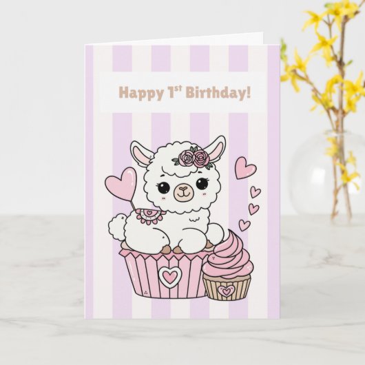 Happy 1st Birthday Cute Llama Girl Card | Adorable カード (黄色い花)