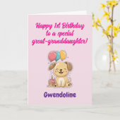 Happy 1st Birthday Great-Granddaughter, Cute Puppy カード (黄色い花)