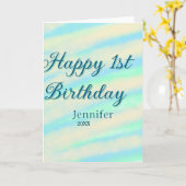 Happy 1st birthday kids baby blue green pastel ret カード (黄色い花)