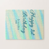 Happy 1st birthday kids baby blue green pastel ret ジグソーパズル (横)