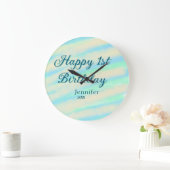 Happy 1st birthday kids baby blue green pastel ret ラージ壁時計 (ホーム)