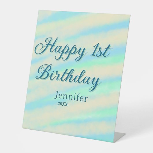 Happy 1st birthday kids baby blue green pastel ret 台座サイン (正面)