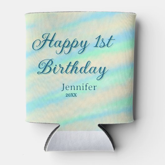 Happy 1st birthday kids baby blue green pastel ret 缶クーラー (正面)