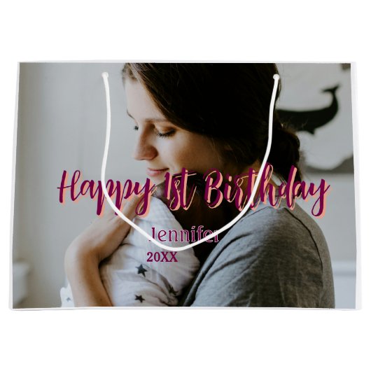 Happy 1st birthday kids baby mother red orange sty ラージペーパーバッグ (正面)