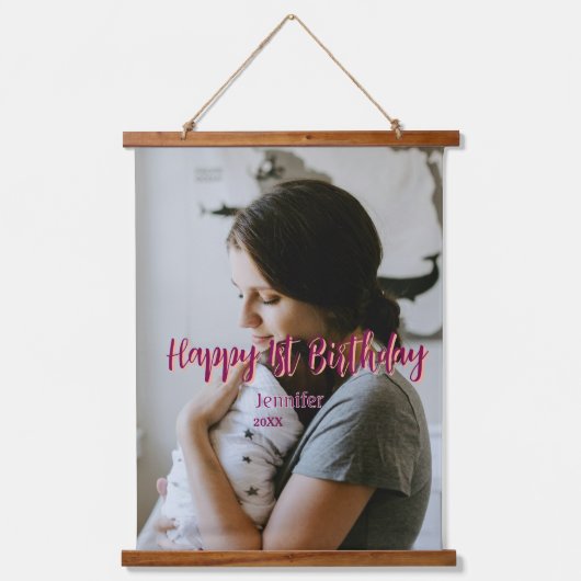 Happy 1st birthday kids baby mother red orange sty 吊り下げ型タペストリー (正面)