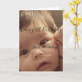 Happy 1st birthday name photo date stylish calligr カード (黄色い花)