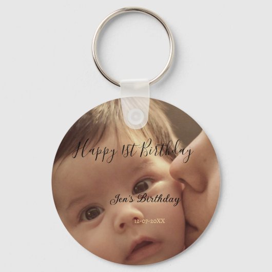 Happy 1st birthday name photo date stylish calligr キーホルダー (正面)