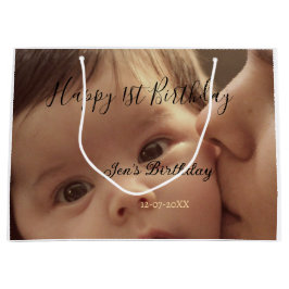 Happy 1st birthday name photo date stylish calligr ラージペーパーバッグ