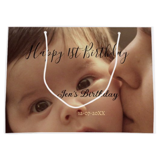 Happy 1st birthday name photo date stylish calligr ラージペーパーバッグ (正面)