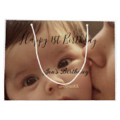 Happy 1st birthday name photo date stylish calligr ラージペーパーバッグ (裏面)
