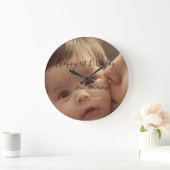Happy 1st birthday name photo date stylish calligr ラージ壁時計 (ホーム)