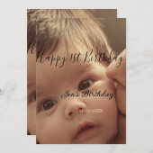 Happy 1st birthday name photo date stylish calligr 招待状 (正面/裏面)