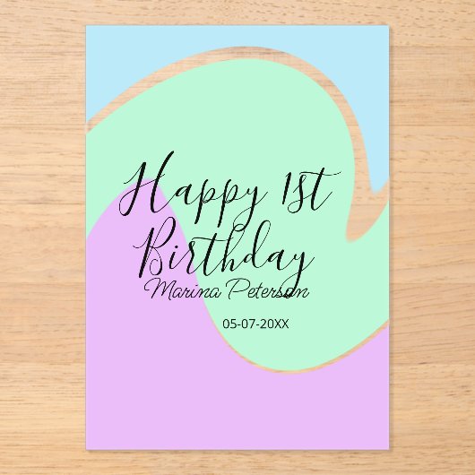 Happy 1st birthday pink green blue acrylic pour  アクリル招待状 (正面)