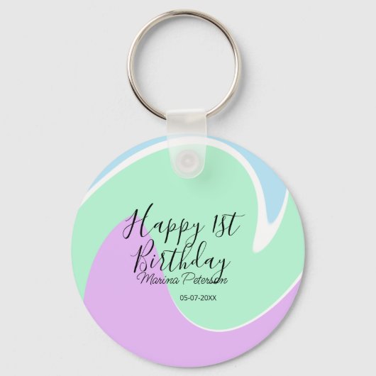 Happy 1st birthday pink green blue acrylic pour  キーホルダー (正面)