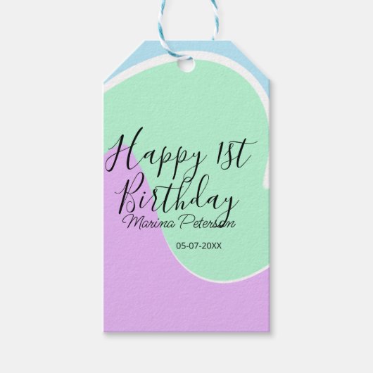 Happy 1st birthday pink green blue acrylic pour  ギフトタグ (正面)