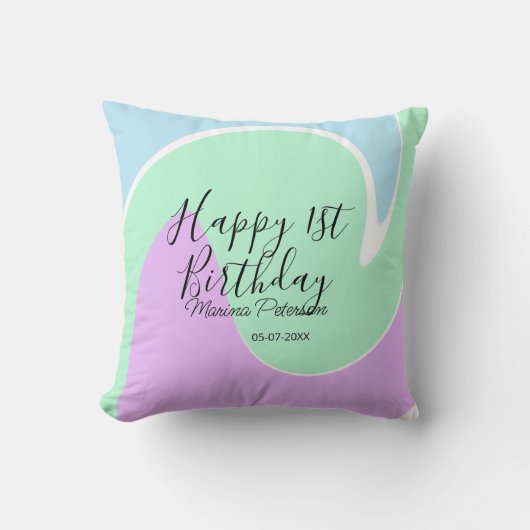 Happy 1st birthday pink green blue acrylic pour  クッション (正面)