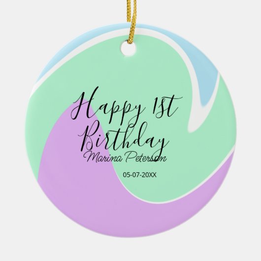 Happy 1st birthday pink green blue acrylic pour  セラミックオーナメント (正面)