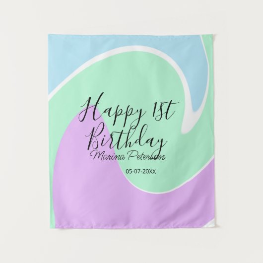 Happy 1st birthday pink green blue acrylic pour  タペストリー (正面)