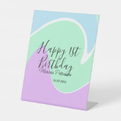 Happy 1st birthday pink green blue acrylic pour  台座サイン (正面)