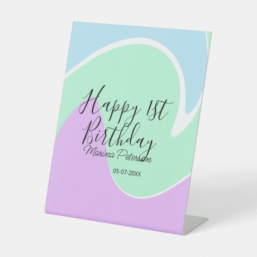 Happy 1st birthday pink green blue acrylic pour  台座サイン (正面)