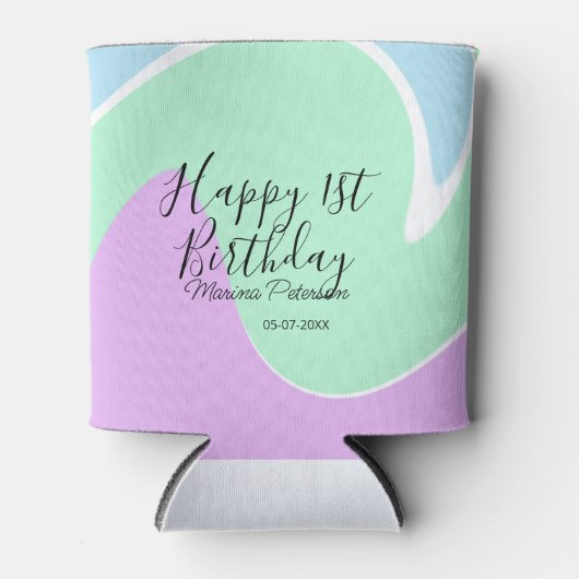 Happy 1st birthday pink green blue acrylic pour  缶クーラー (正面)