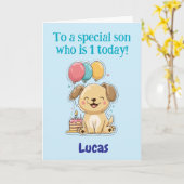 Happy 1st Birthday to a Special Son, Puppy,  Card カード (黄色い花)