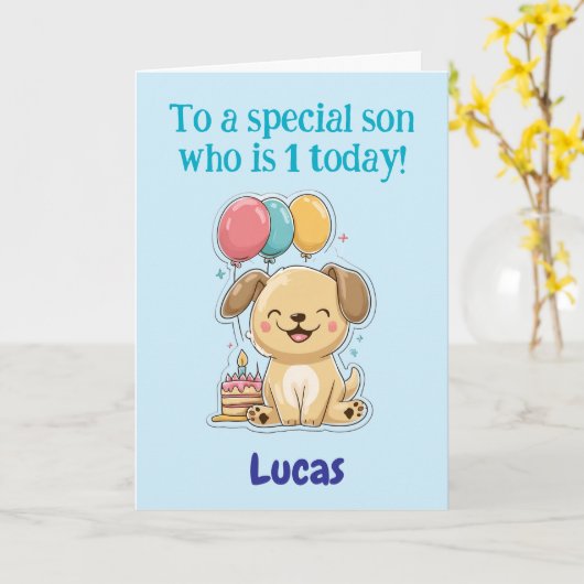 Happy 1st Birthday to a Special Son, Puppy,  Card カード (黄色い花)