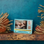 Happy 1st Father's Day 3 Photo Collage Blue Wood フォトプラーク (側面)