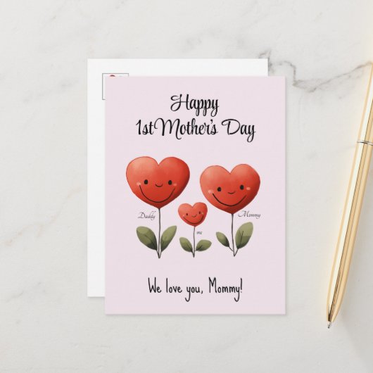 Happy 1st Mother's Day、パパ&ベビーからのカード、 ポストカード (正面/裏面インサイチュ)