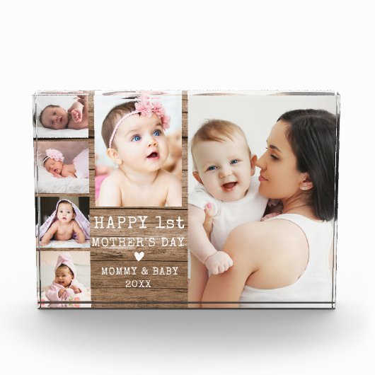 Happy 1st Mother's Day Rustic Wood 6 Photo Collage フォトブロック (正面)