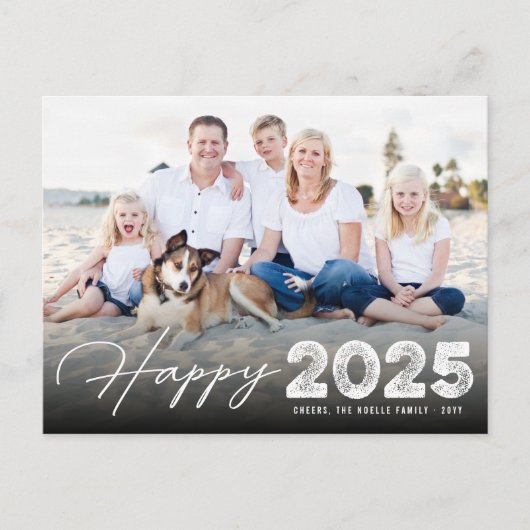 Happy 2025タイポグラフィミニマル新年の写真 シーズンポストカード (正面)