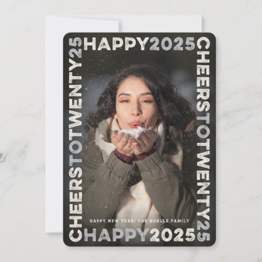 Happy 2025 Blocksフレームタイポグラフィ新年写真 シーズンカード (正面)