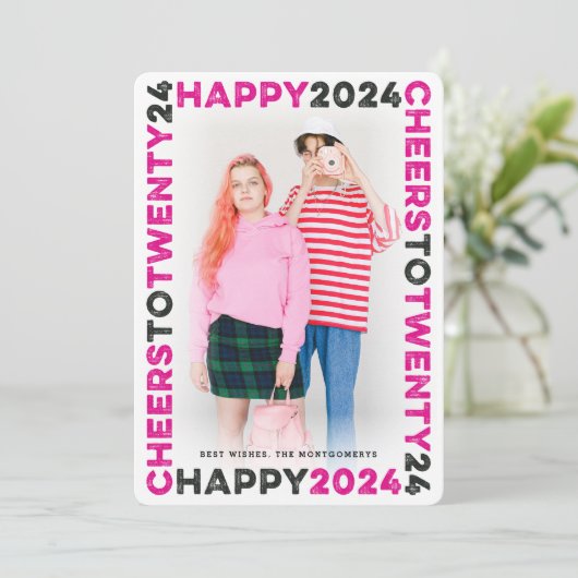 Happy 2025 Blocksフレームタイポグラフィ新年写真 シーズンカード (スタンド正面)