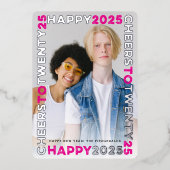 Happy 2025 Blocksフレームタイポグラフィ新年写真 箔シーズンカード (正面)