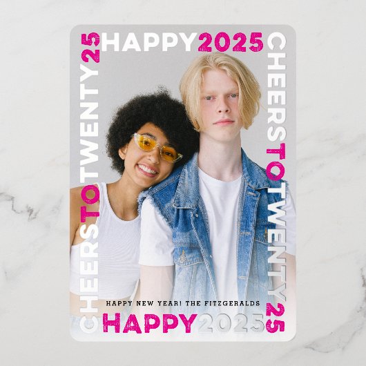 Happy 2025 Blocksフレームタイポグラフィ新年写真 箔シーズンカード (正面)