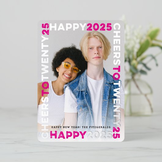 Happy 2025 Blocksフレームタイポグラフィ新年写真 箔シーズンカード (立ち正面)
